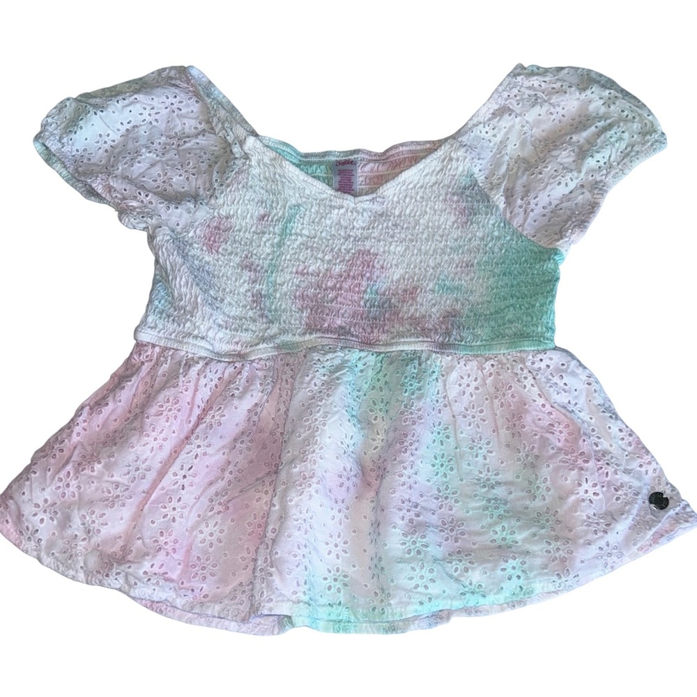 Justice Girls Tie Dye Smocked Eyelet Top Pastel Pink Blue‎ Green Size 12/14